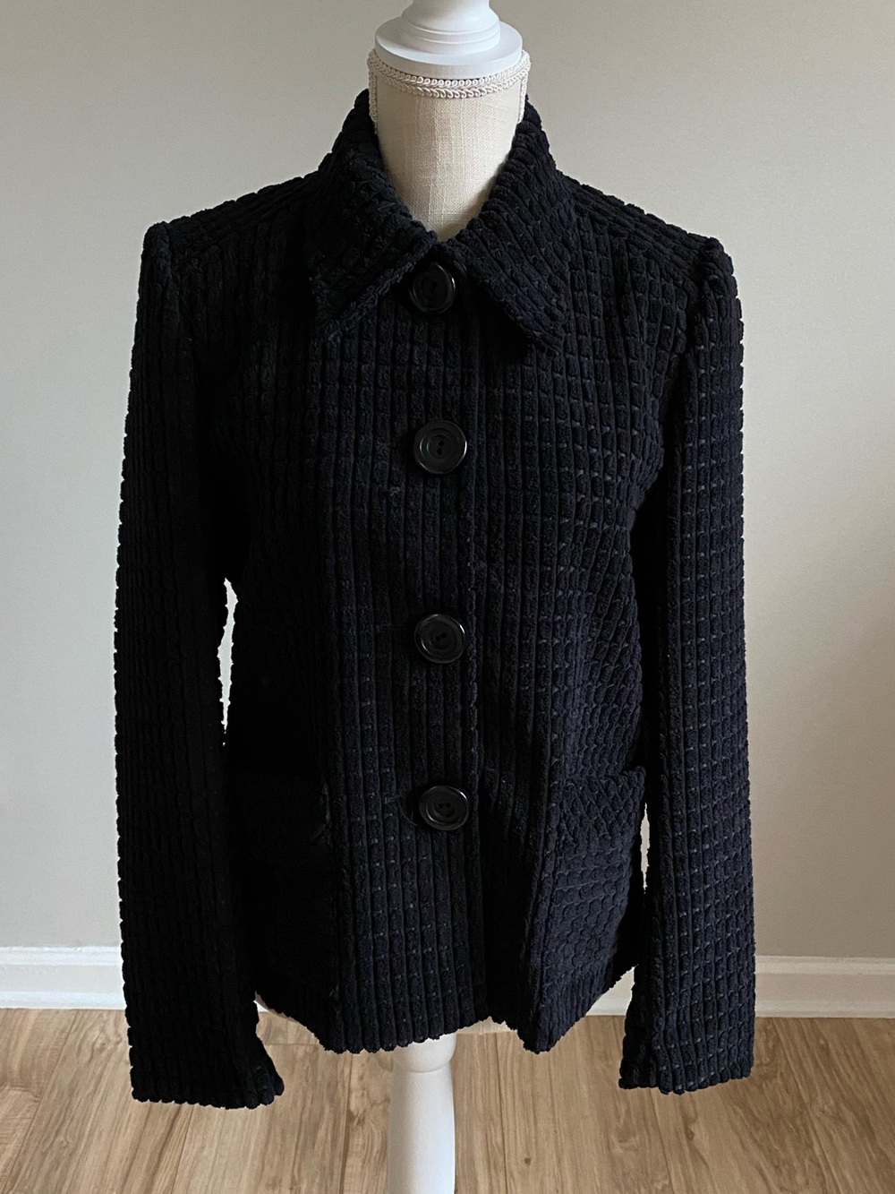 Women's Black Textured Button-Up Jacket